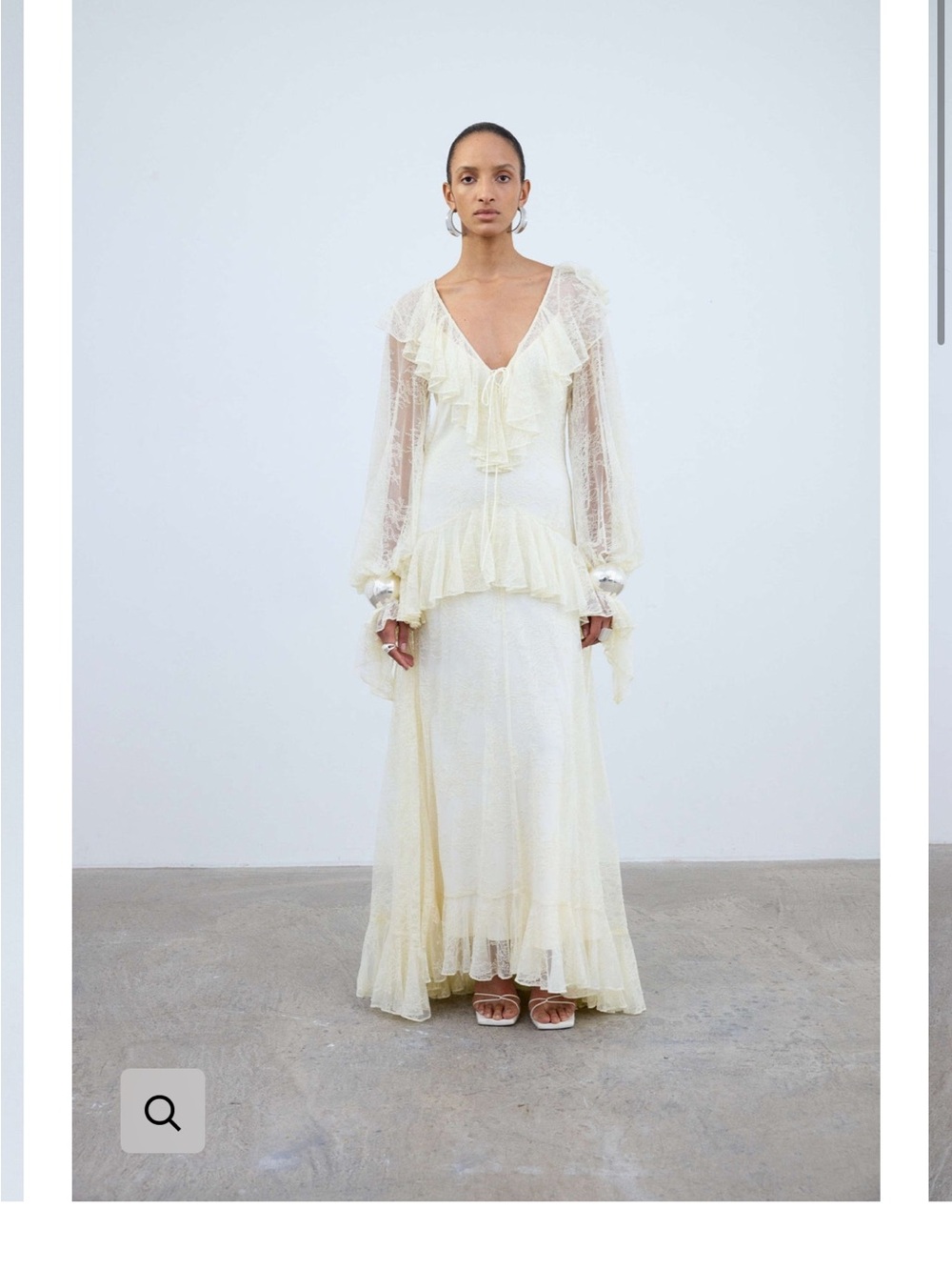 De La Vali Sheer Ruffle V-Neck Maxi Dress in Soft Ivory